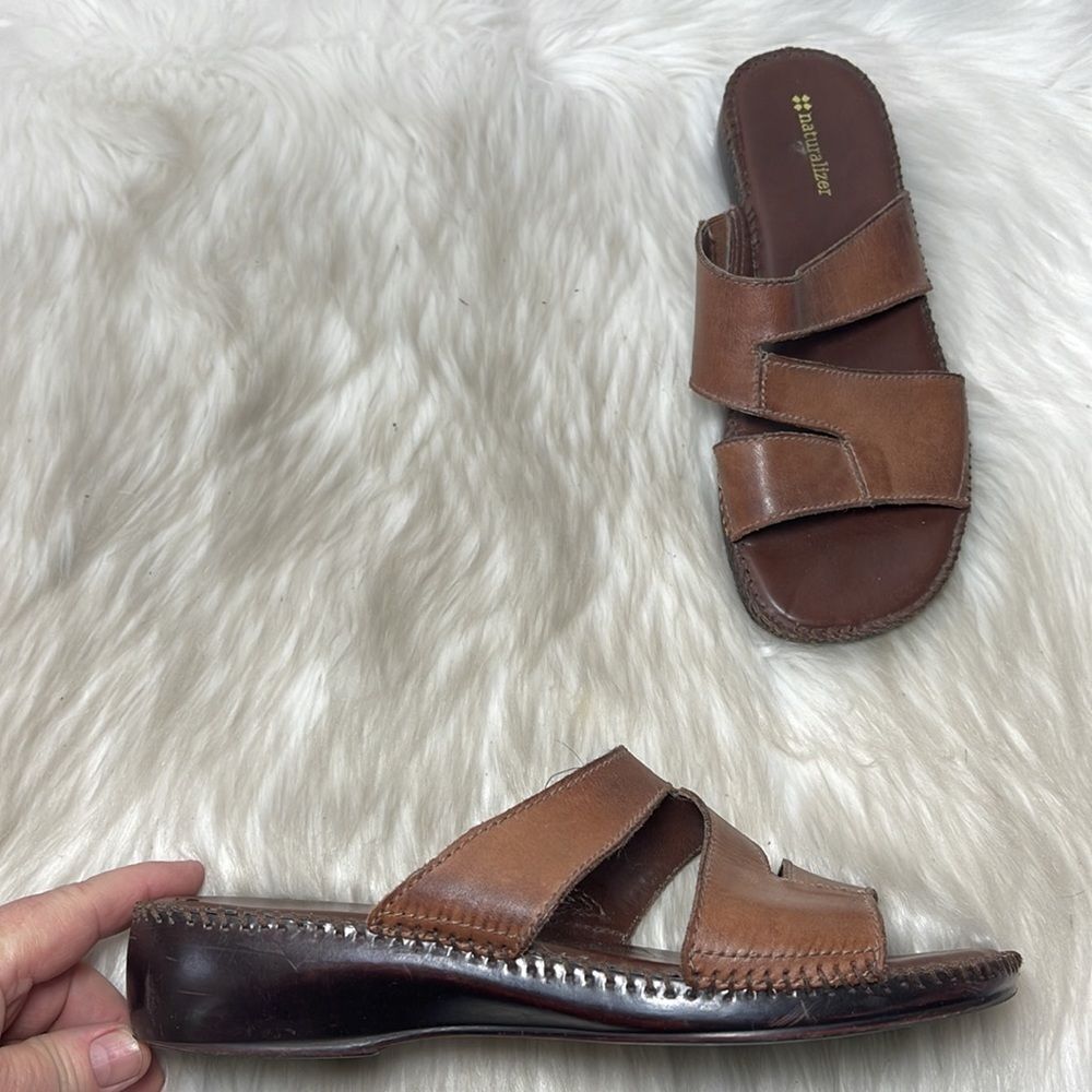 Naturalizer Wiser Brown Leather Strappy Slide Wedge Mules Sz 8